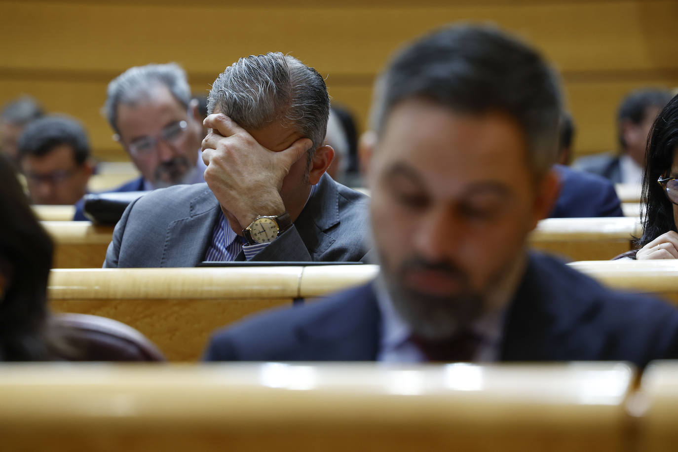 Santiago Abascal y Javier Ortega Smith, durante el pleno del pasado jueves.