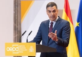 Pedro Sánchez, hoy, durante su intervención en la Agencia de Protección de Datos.