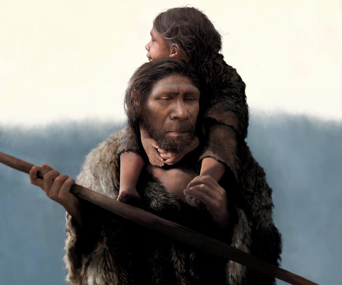 Recreación de un padre neandertal con su hija.