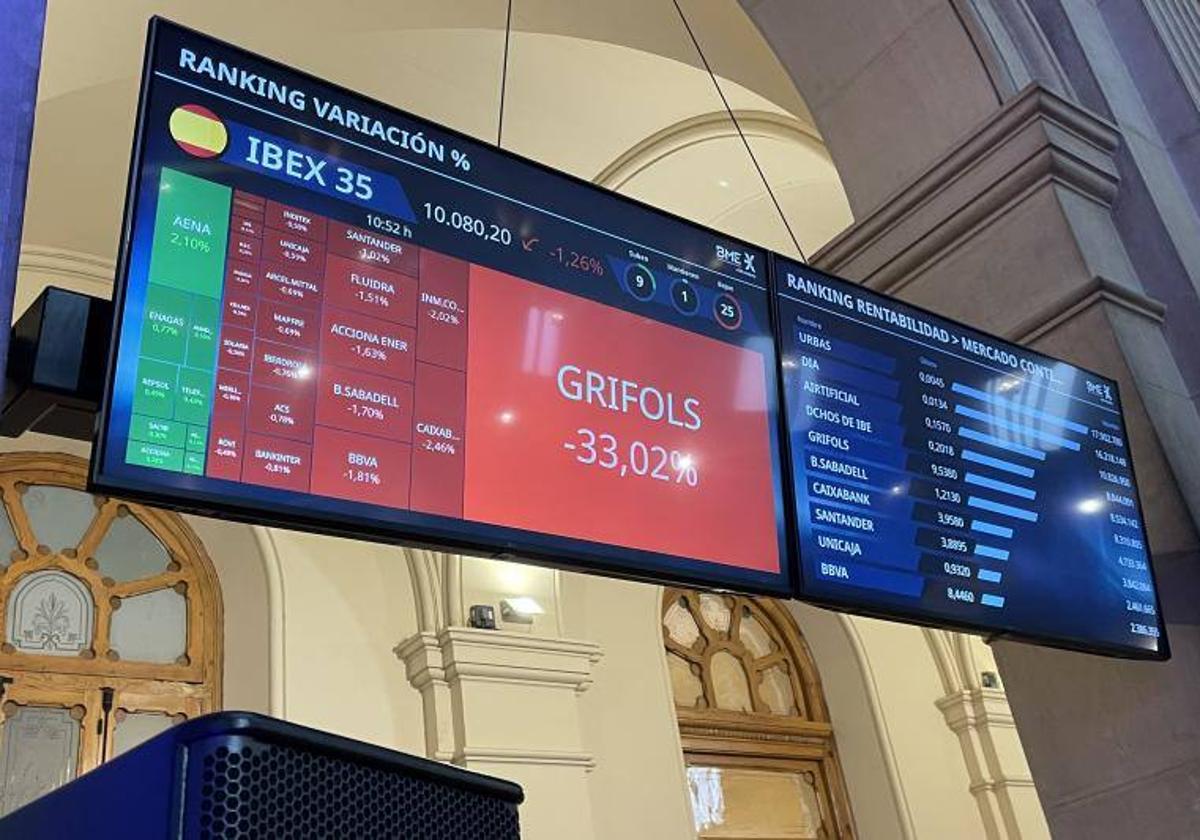 Pantallas de cotización en la Bolsa de Madrid.