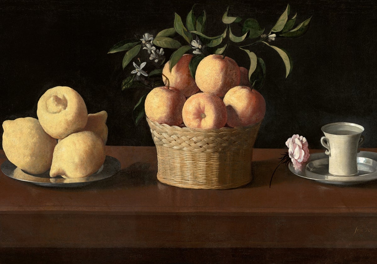 'Bodegón con cidras, naranjas y rosa'. Óleo pintado por Zurbarán en 1633.