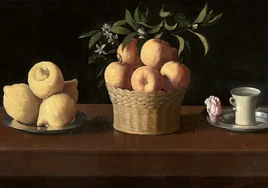 'Bodegón con cidras, naranjas y rosa'. Óleo pintado por Zurbarán en 1633.