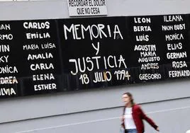 Un mural recuerda a los fallecidos en la matanza contra la Asociación Mutual Israelita Argentina en 1994.