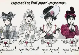 Postal erótica francesa de 1903 sobre la forma de comer los espárragos.