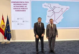 El ministro Óscar Puente y el presidente de Renfe, Raúl Blanco, presentan la nueva configuración del sector ferroviario.
