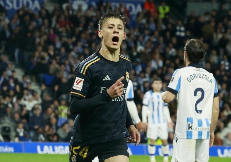 Arda Güler celebra su gol a la Real Sociedad.