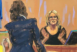 Ilustración de Stormy Daniels duante su testimonio en el juicio.