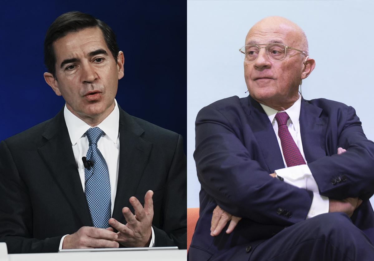 El presidente de BBVA, Carlos Torres., y el de Banco Sabadell, Josep Oliu