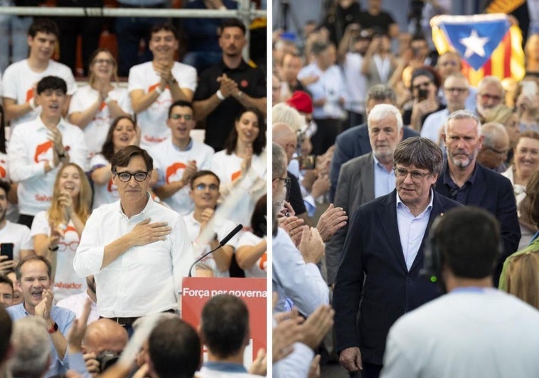 Salvador Illa y Carles Puigdemont, en actos de cierre de campaña.