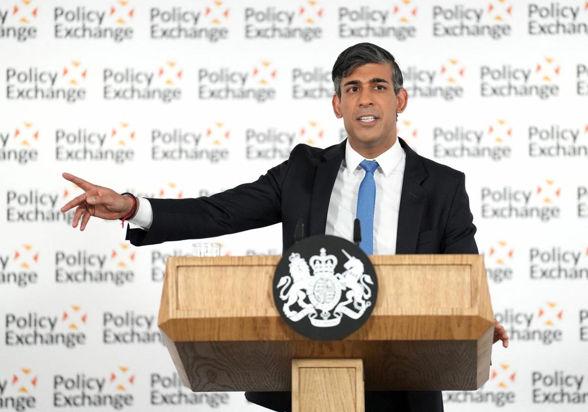 El primer ministro británico, Rishi Sunak, durante su intervención de este lunes en Londres.