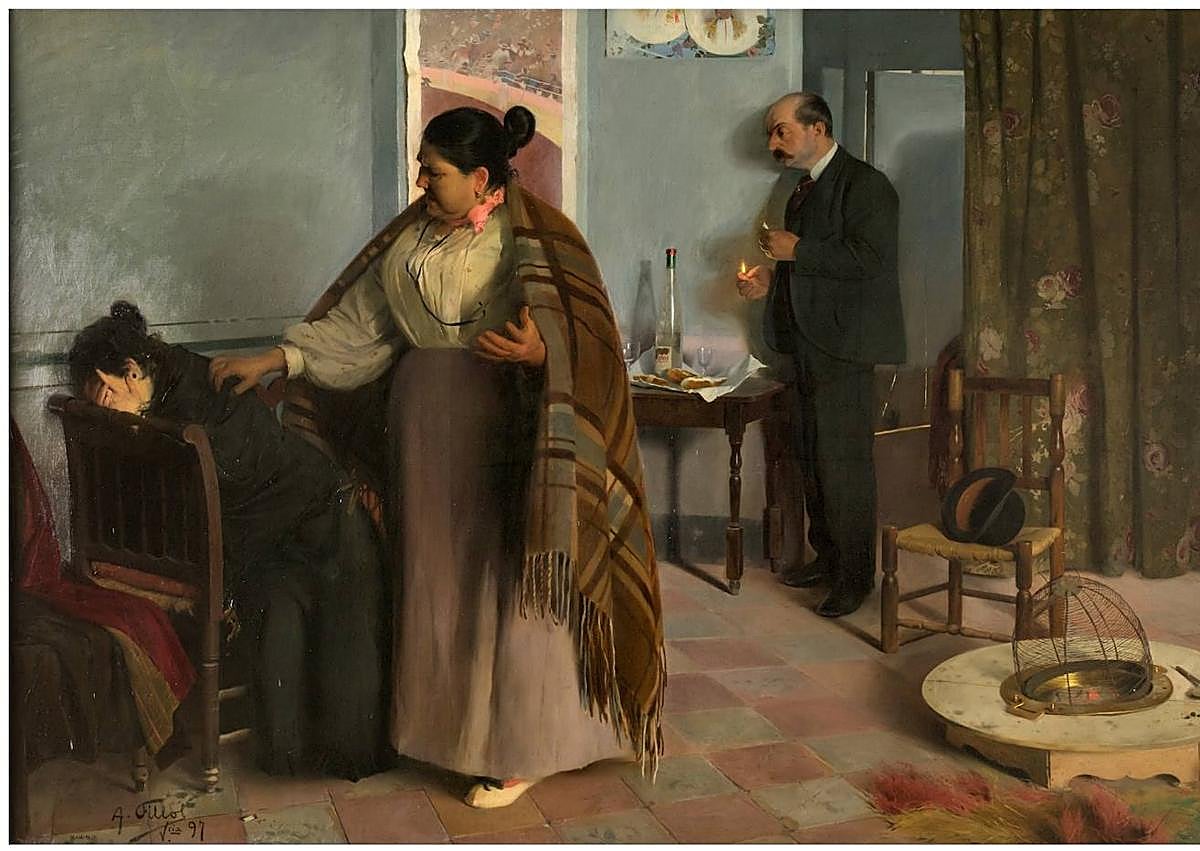 Imagen secundaria 1 - De arriba abajo, 'Una sala del hospital durante la visita del médico en jefe', (1889), de Luis Jiménez Aranda, 'La bestia humana' (1897), de Antonio Fillol, y detalle de 'Una huelga de obreros en Vizcaya' (1892), de Vicente Cutanda, todas ellas obras que se pueden ver en la muestra.