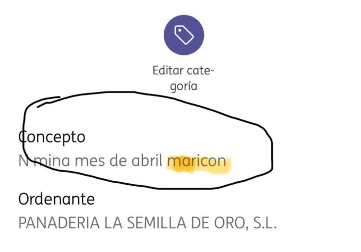 Extracto bancario de la nómina en la que esta panadería llama maricón a un empleado.