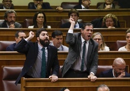 Los diputados de VOX Manuel Mariscal Zabala y Pedro Fernández Hernández reaccionan tras la intervención del diputado de Sumar Gerardo Pisarello.