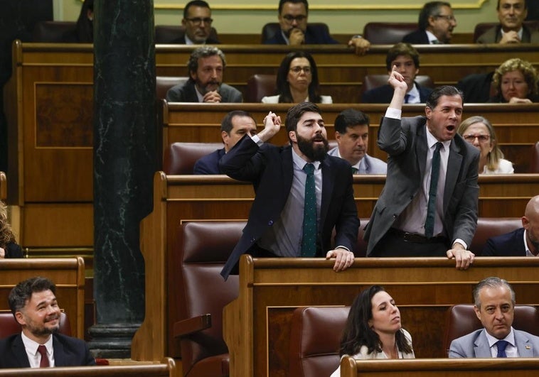 Los diputados de VOX Manuel Mariscal Zabala y Pedro Fernández Hernández reaccionan tras la intervención del diputado de Sumar Gerardo Pisarello.