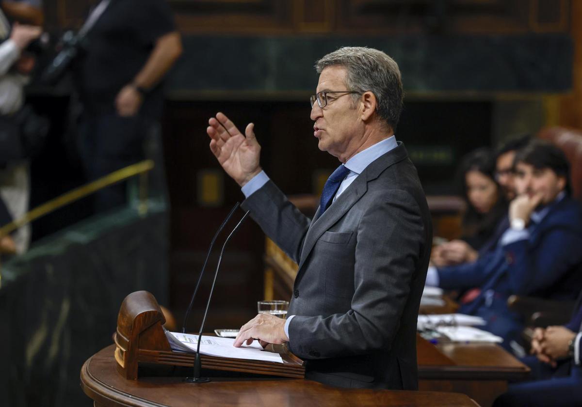 Alberto Núñez Feijóo, líder del PP, en la tribuna del Congreso