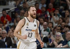 Sergio Rodríguez celebra un triple durante la final de la Liga Endesa