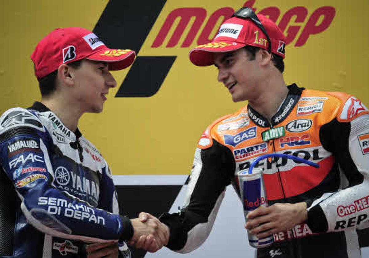 Dani Pedrosa y Jorge Lorenzo en el podio del Gran Premio de Portugal de 2011