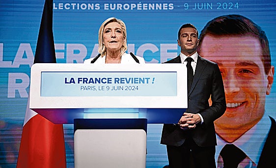 Marine Le Pen y Jordan Bardella, líderes de Agrupación Nacional, partido de extrema derecha.