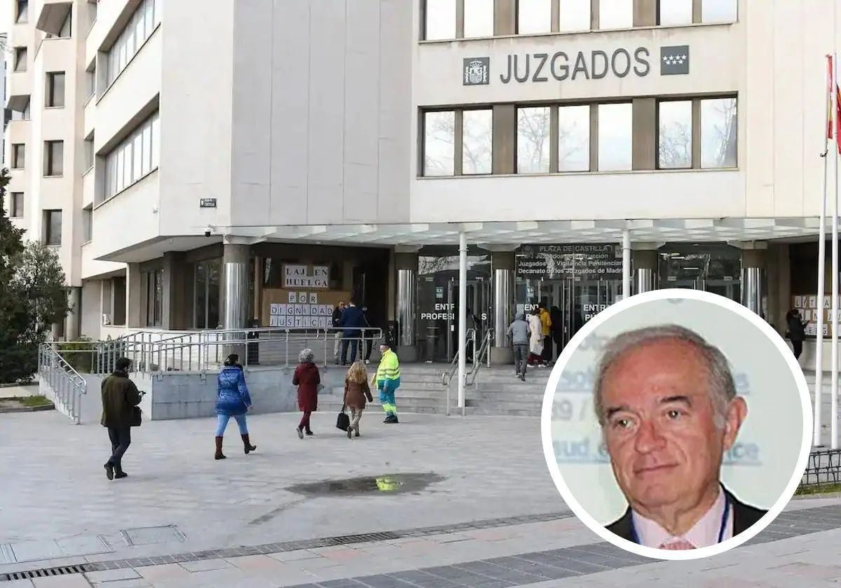 El juez Juan Carlos Peinado en la foto y la entrada de los juzgados de instrucción de Madrid.