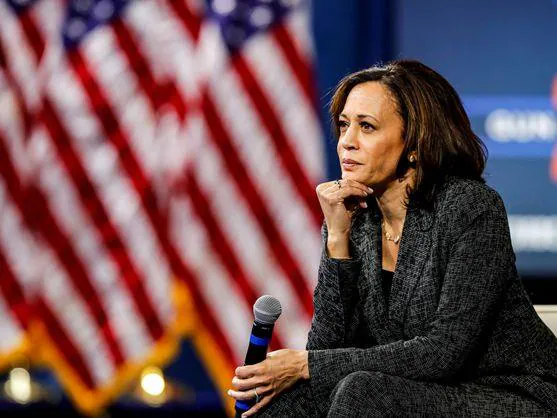 Kamala Harris awaits her moment to give a speech at a Democratic rally.