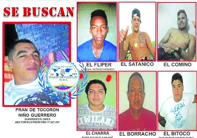 Cartel de búsqueda del Niño Guerrero, 'pran' (máximo jefe de una banda carcelaria) de la prisión de Tocorón, y sus lugartenientes