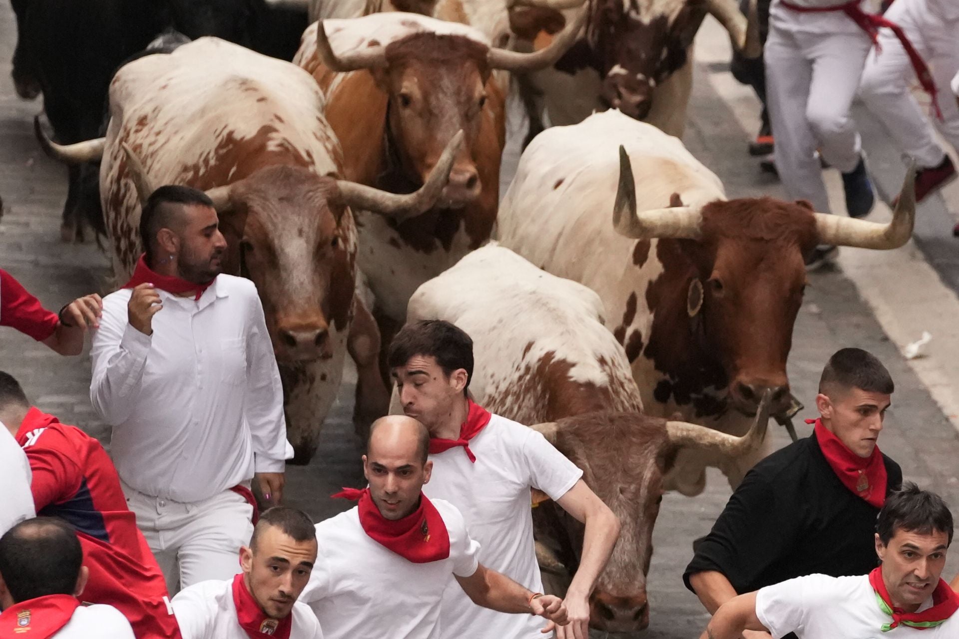 Mozos son perseguidos por toros de Victoriano del Río en el tercer encierro de los Sanfermines, este martes.