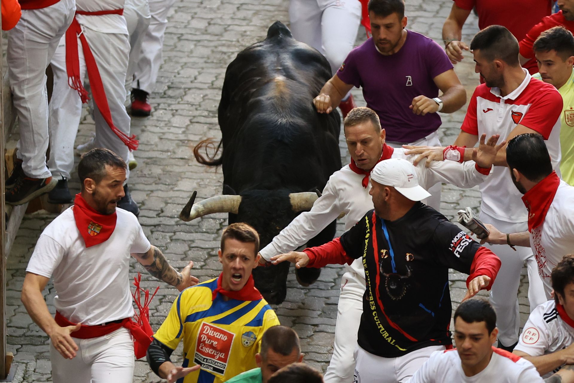 Los toros de la ganadería de Fuente Ymbro en el último tramo del recorrido, antes de entrar en el callejón.