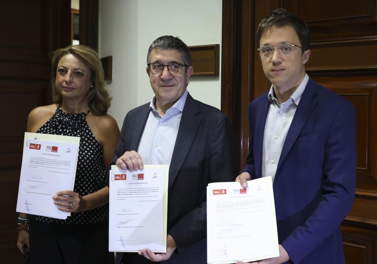 Cristina Valido, Patxi López e Íñigo Errejón, registran la medida en el Congreso.