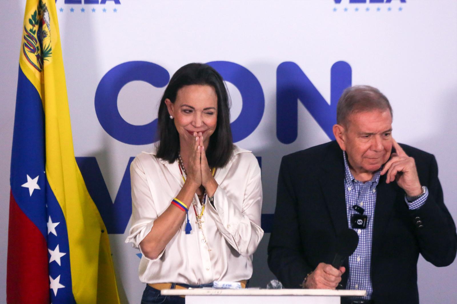 María Corina Machado y Edmundo González tras anunciar los resultados del 73% de las actas.