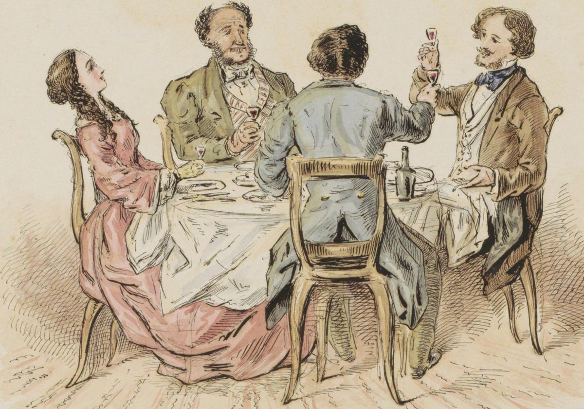 Comensales brindando en torno a una mesa. Dibujo de Alexander Ver Huell, s. XIX.