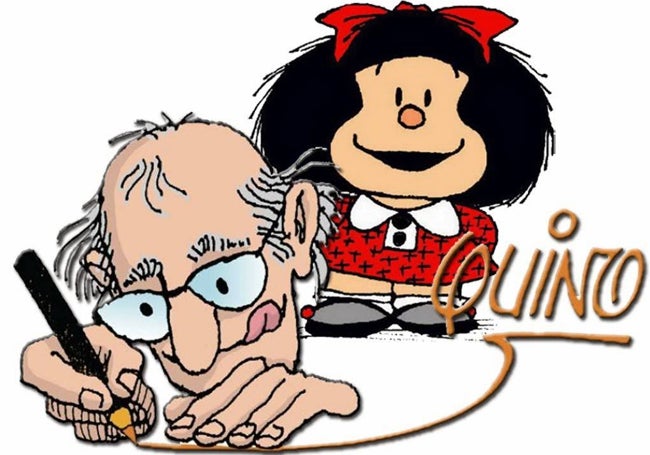 Quino, caricaturizado por sí mismo junto a su personaje más famoso.