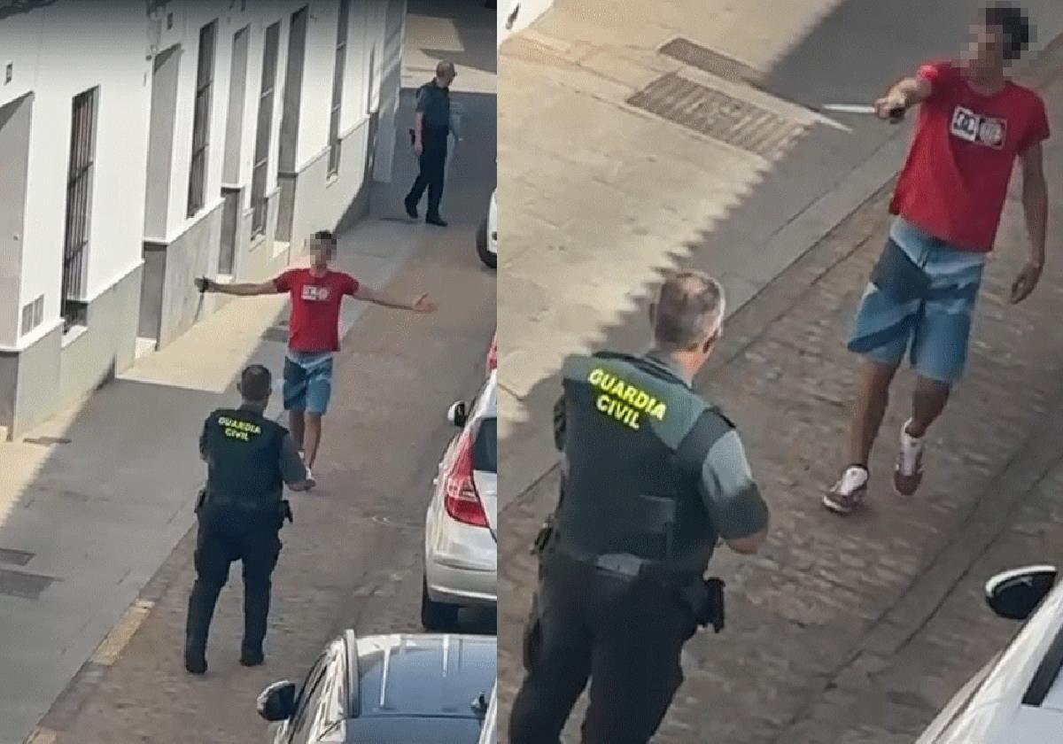 Las imágenes del video muestran al sujeto aproximándose hacia dos agentes de la Guardia Civil