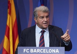 El presidente del Barça, Joan Laporta, durante su comparecencia de este martes.