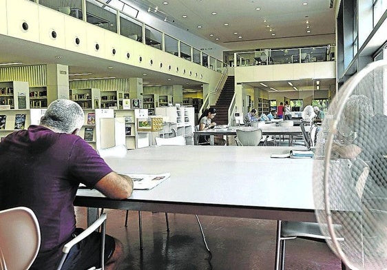 Un ciudadano lee un libro en una biblioteca pública en Sevilla.