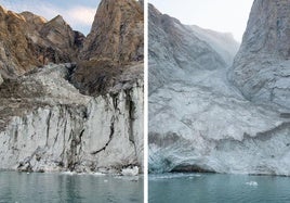 Fotos del antes (agosto de 2023) y el después (septiembre de 2023) del pico de la montaña y el glaciar, tomadas desde el fiordo.