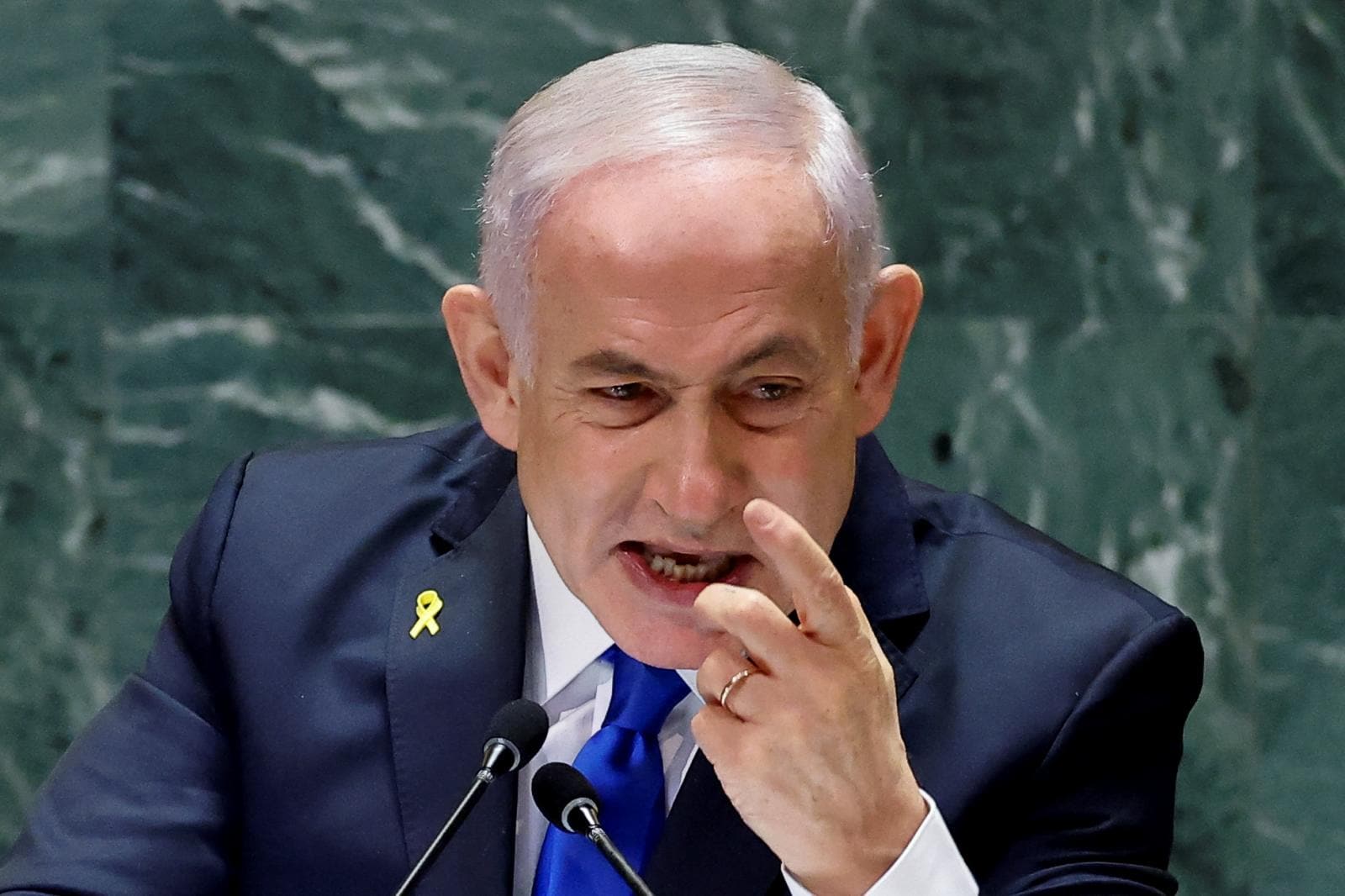 Netanyahu addresses the United Nations General Assembly with vehemence.