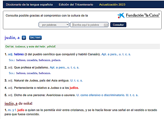 Captura de pantalla de la definición que la RAE otorga al término 'judío'