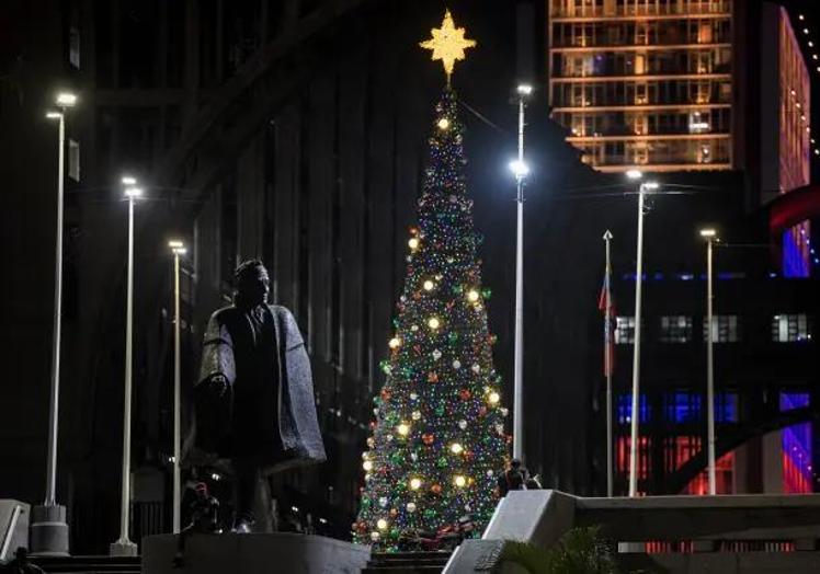 Decoración en una plaza de la capital y, abajo, delante de un comercio.