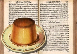 Ilustración publicitaria del flan Toledo y receta de flaones del libro 'Arte de cozina', 1611.