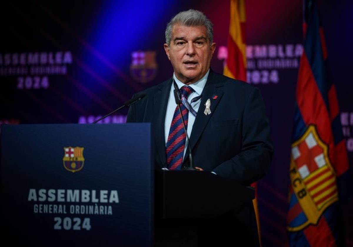 Joan Laporta, durante la asamblea.