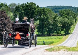 Una familia amish se desplaza por un camino con un carruaje tradicional tirado por caballos.