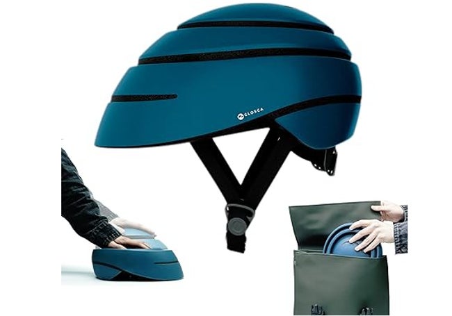 Casco azul plegable para monopatín eléctrico o bicicleta.