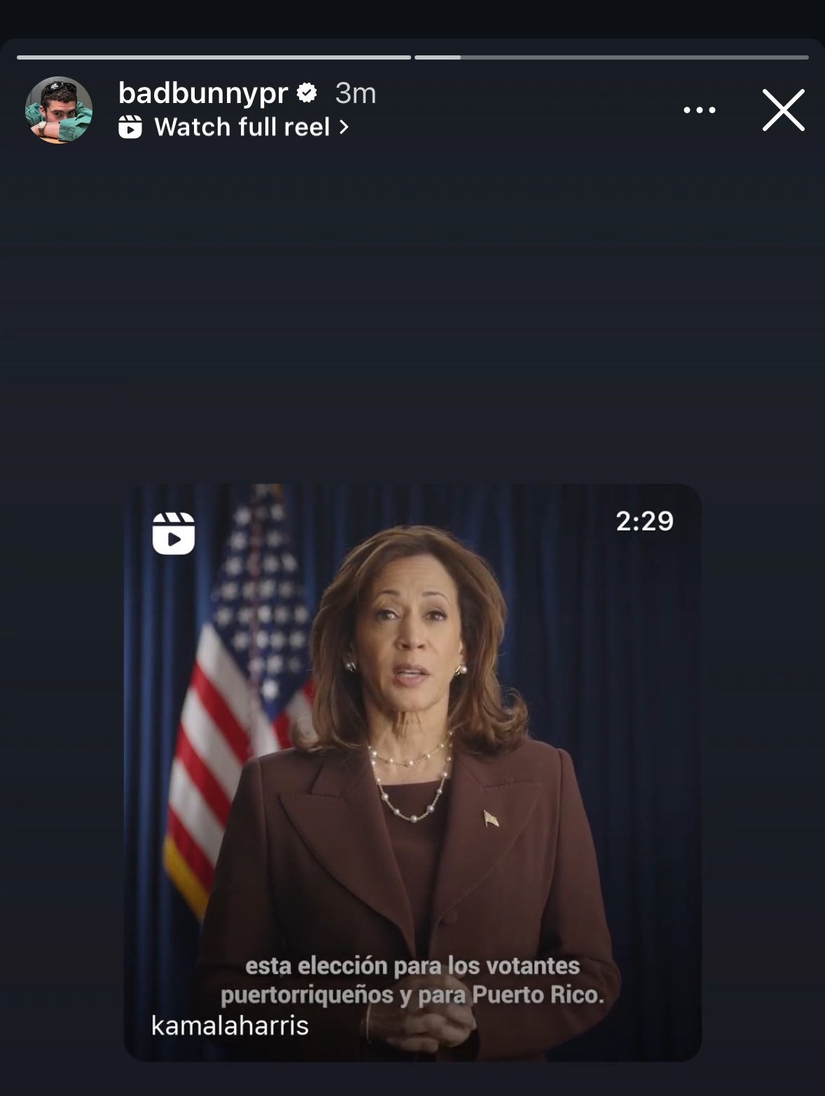 Historia compartica por el cantante puertorriqueño Bad Bunny en apoyo a Kamala Harris.