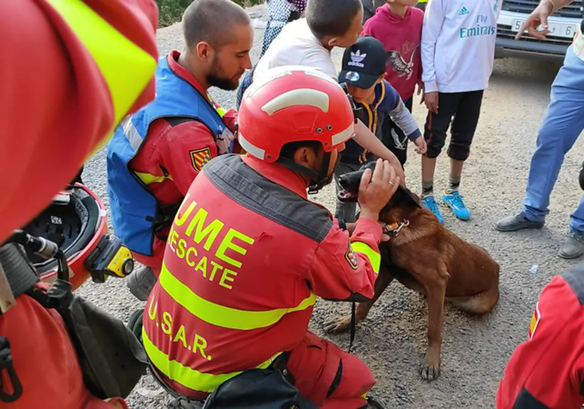 Unidad de rescate de la UME con uno de los canes del equipo cinológico en el terremoto de Marruecos.