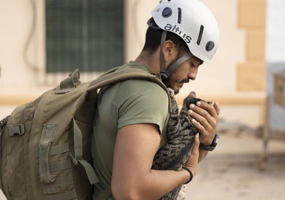 Un militar de la UME rescata un gato en Letur (Albacete).