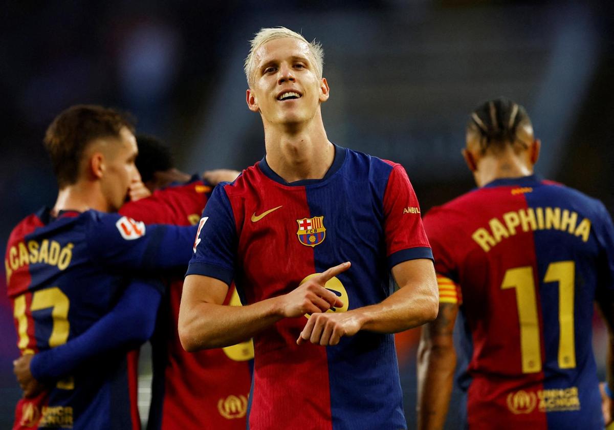 Dani Olmo celebra su doblete ante el Espanyol.