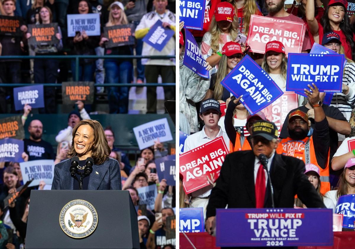 Kamala Harris y Donald Trump, rodeados de seguidores en su cierre de campaña.