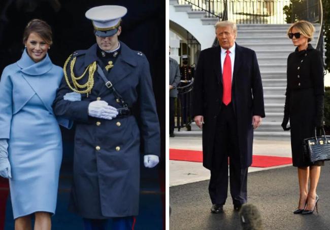 Melania Trump, a la izq., a su llegada a la Casa Blanca y en su despedida.