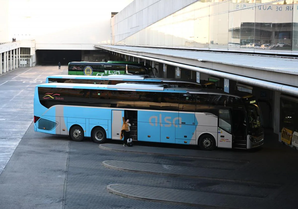 Varios autobuses aparcados en la dársena de la Estación de Autobuses de Méndez Álvaro de Madrid.