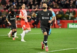 Salah celebra el gol que decidió el duelo ante el Girona.